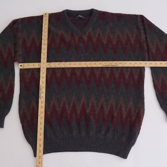 Vintage '80S Van Heusen Gray Maroon Chucky Biggie Cosby V-Neck Knit Sweater XLT - Picture 3 of 9